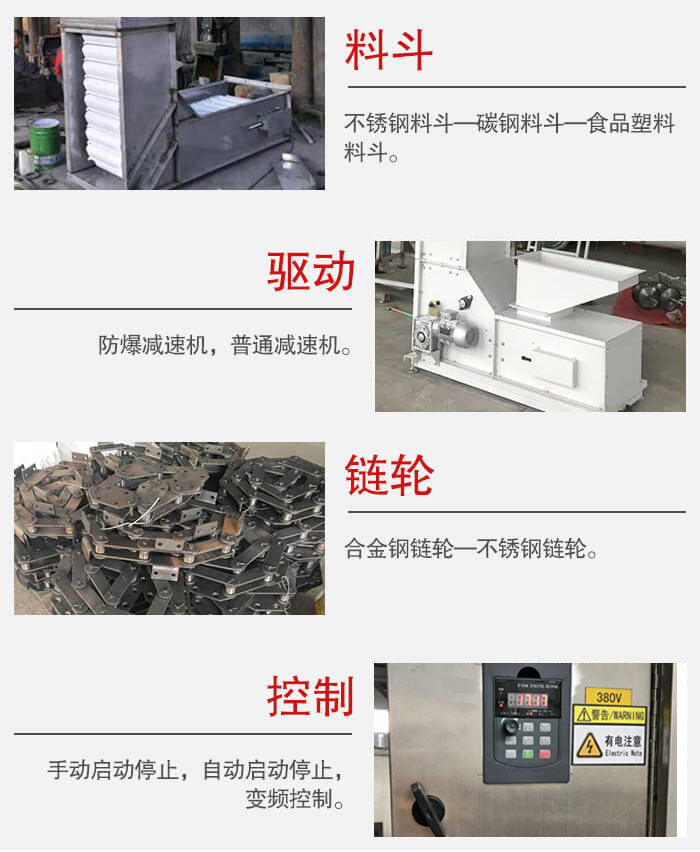 z型斗式提升機(jī)料斗：不銹鋼料斗-碳鋼料斗-食品塑料料斗。驅(qū)動(dòng)裝置采用的式防爆減速機(jī)，普通減速機(jī)兩種。鏈輪采用合金鏈輪-不銹鋼鏈輪控制器：手動(dòng)啟動(dòng)/停止，以及自動(dòng)啟動(dòng)停止。