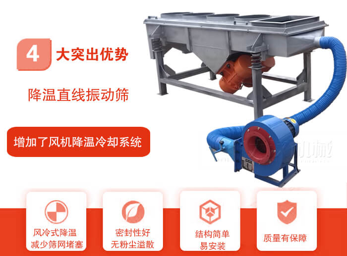 降溫直線振動篩性能特點(diǎn)：1，技術(shù)成熟，質(zhì)量可靠，篩分精度高，處理量大。2，風(fēng)冷式降溫系統(tǒng)設(shè)計，快速有效降溫。3，適用范圍廣，可應(yīng)用于各種需要降溫的物料。4，設(shè)計精巧合理，結(jié)構(gòu)簡單，易安裝，耗能少，噪音低5，篩網(wǎng)使用壽命長，換網(wǎng)更方便，快捷6，設(shè)備整體密封性好，無粉塵溢散。