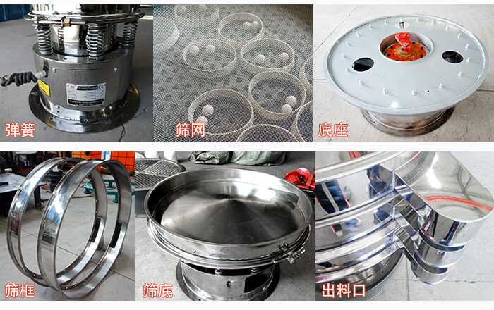 細(xì)節(jié)展示：篩框，篩網(wǎng)，振動底座，振動體，出料口。